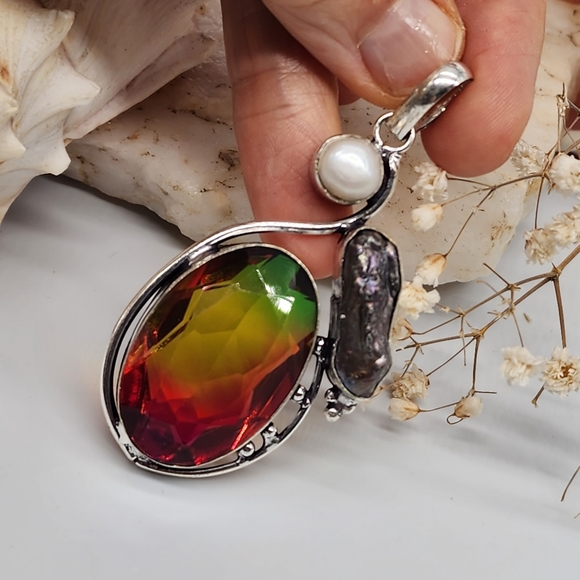 Red/Green Ametrin black Tahitian Pearl Stone Silver 925 Pendant - Picture 10 of 10